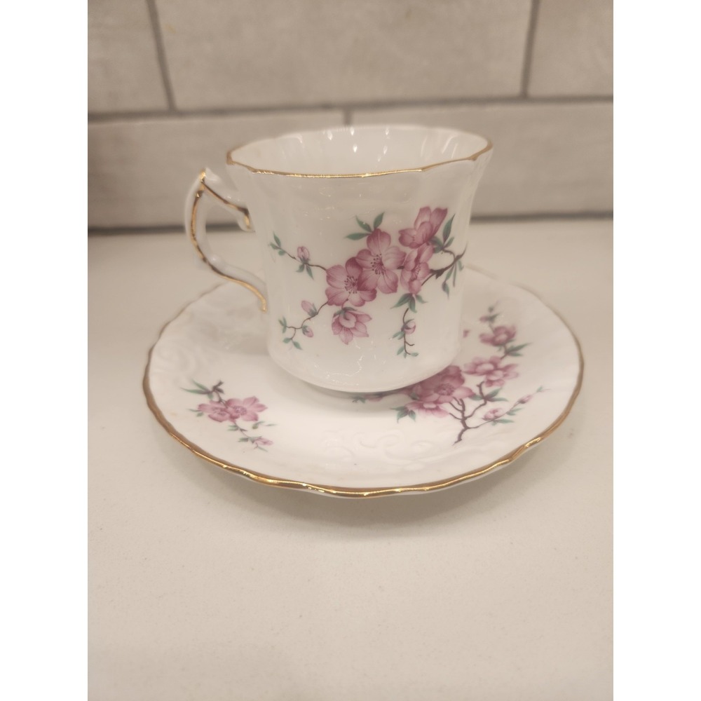 Vintage Hammersley Pink Cherry Blossom Tea Cup & Saucer Bone China Gold Trim